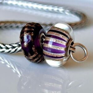 TROLLBEADS Lot of 2 Purple Gold Glitter Beads LAA 925 Longevity, Stardust Stripe